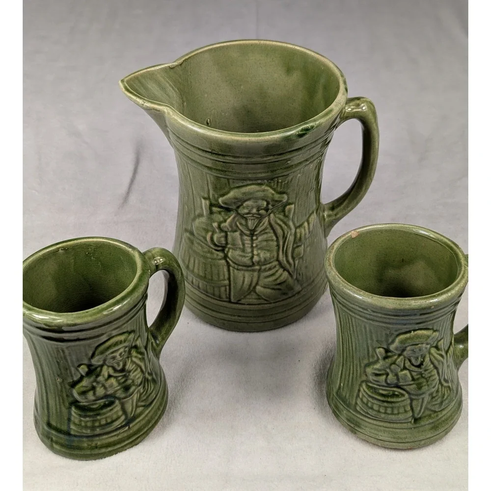Vintage‎ 1920's McKoy Green Glazed Buccaneer Mug and Pitcher Drinkware Set